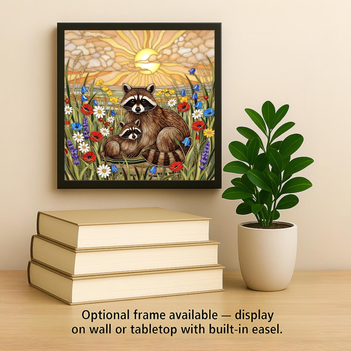 Mother and Baby Raccoon Stained Glass Style Ceramic Art Tile – Woodland Nursery Wall Decor, New Mom Keepsake