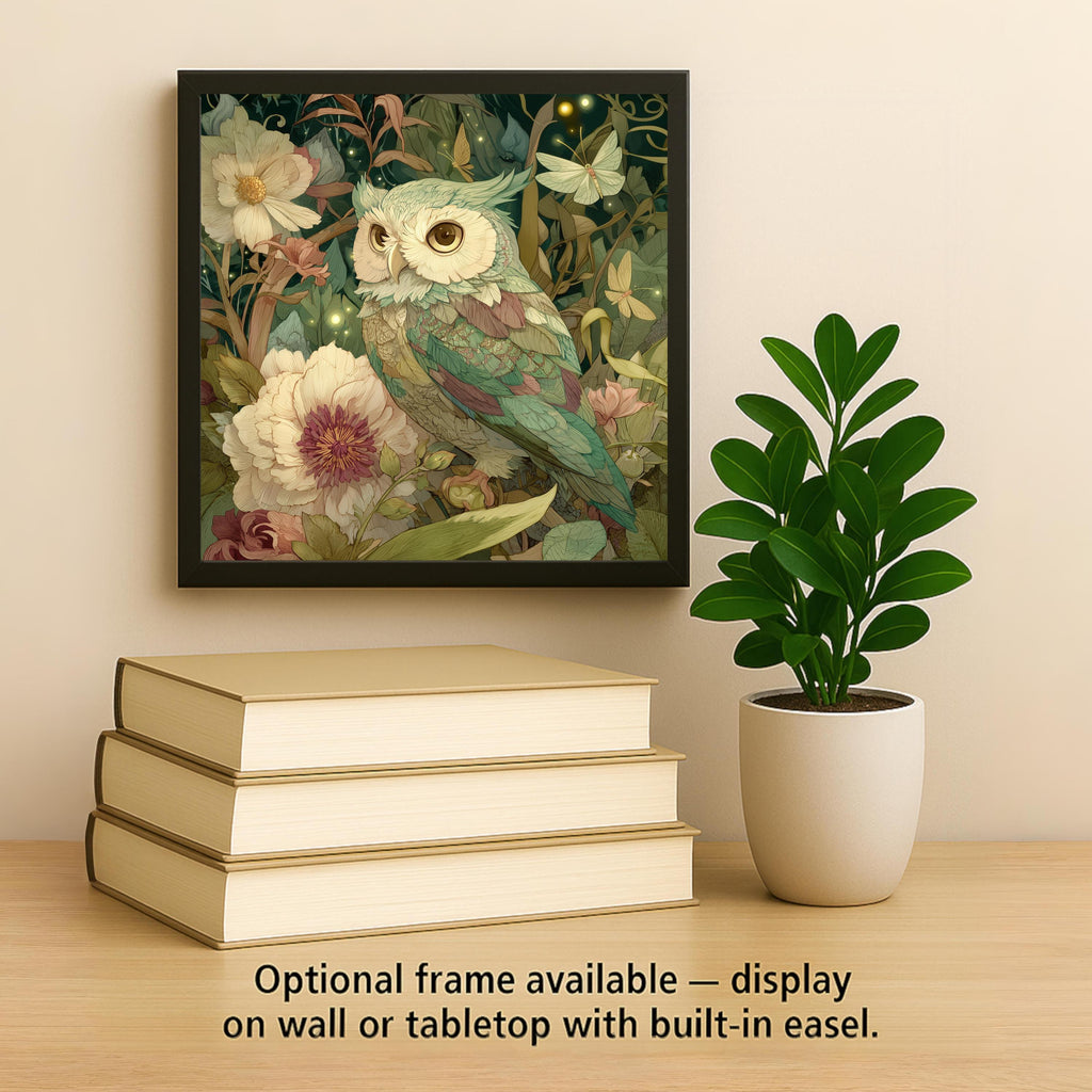 Owl Ceramic Art Tile – Stained Glass Style Botanical Wall Decor, Woodland Nature Owl Lover Gift