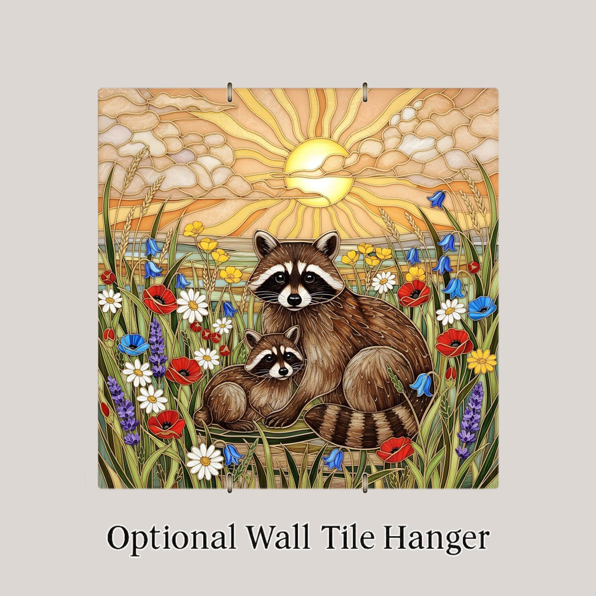 Mother and Baby Raccoon Stained Glass Style Ceramic Art Tile – Woodland Nursery Wall Decor, New Mom Keepsake