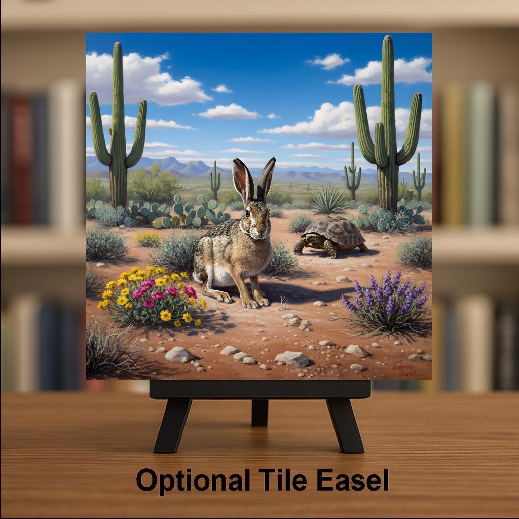 Desert Jackrabbit Ceramic Art Tile – Sonoran Southwestern Wall Decor, Desert Wildlife Nature Lover Gift