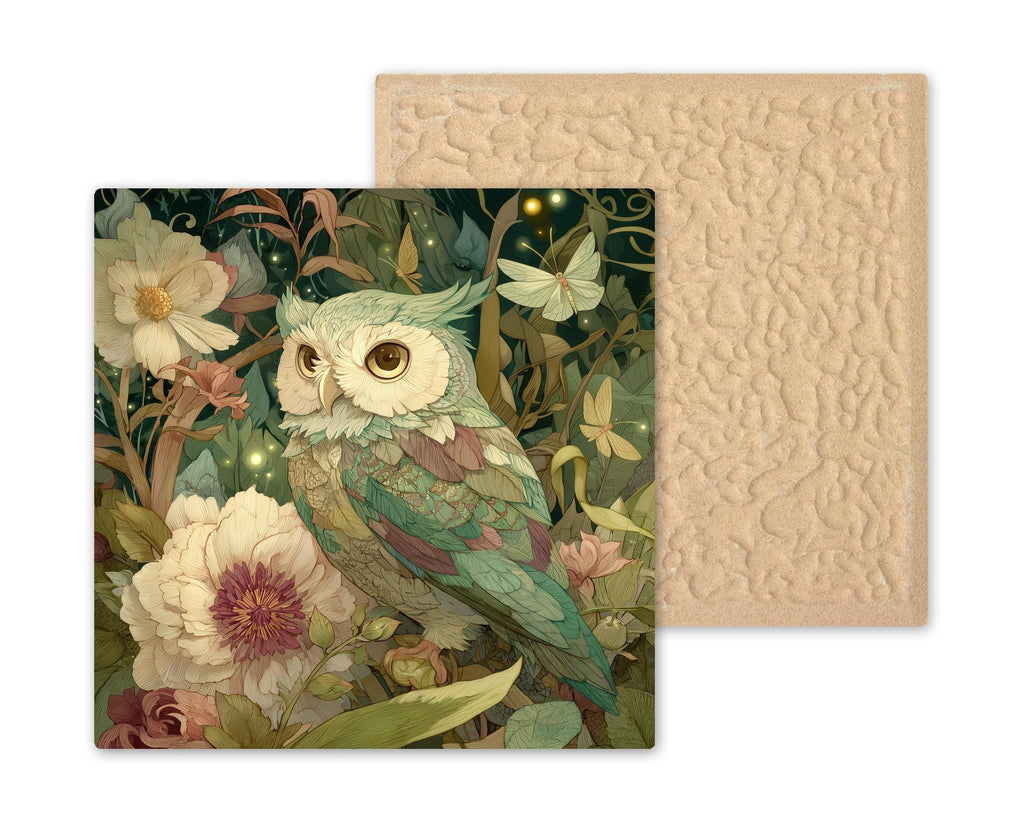 Owl Ceramic Art Tile – Stained Glass Style Botanical Wall Decor, Woodland Nature Owl Lover Gift