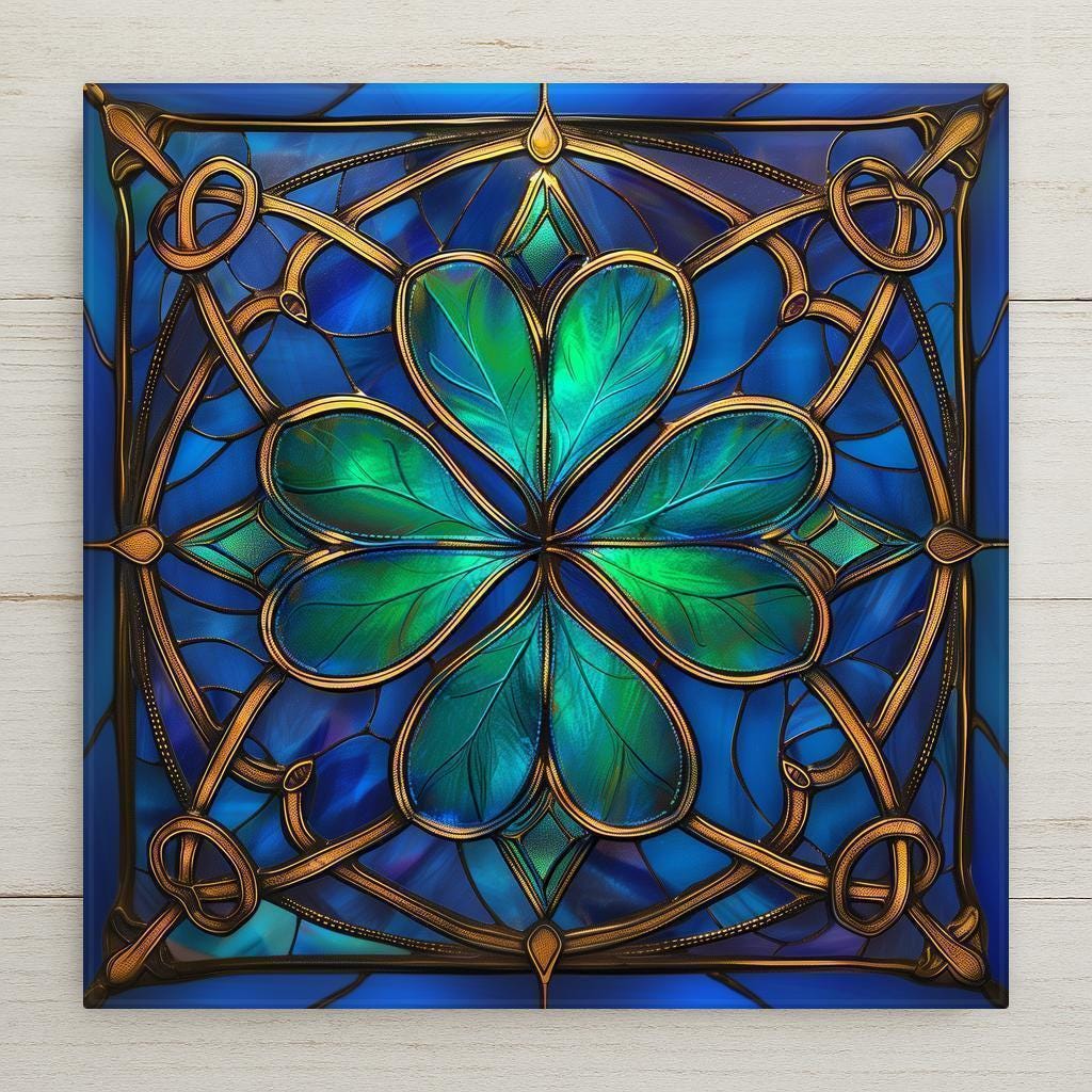 Four Leaf Shamrock Stained Glass Ceramic Tile with radiant 24k gold knotwork border. Celtic-inspired Irish wall art, symbolic of good luck and faith. Perfect for Irish home décor or St. Patrick’s Day gifts. Optional add-ons: tile wall hanger, easel tile stand, cork backing.