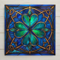 Four Leaf Shamrock Stained Glass Ceramic Tile with radiant 24k gold knotwork border. Celtic-inspired Irish wall art, symbolic of good luck and faith. Perfect for Irish home décor or St. Patrick’s Day gifts. Optional add-ons: tile wall hanger, easel tile stand, cork backing.