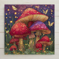 Stained-glass–style mushroom wall art featuring glowing red toadstools, soft lights, and an enchanted woodland setting. This whimsical ceramic tile evokes magic, growth, and nature-inspired wonder, making it charming home decor or a thoughtful fairycore gift. Optional wall hanger, easel stand, cork backing, or premium frame available.