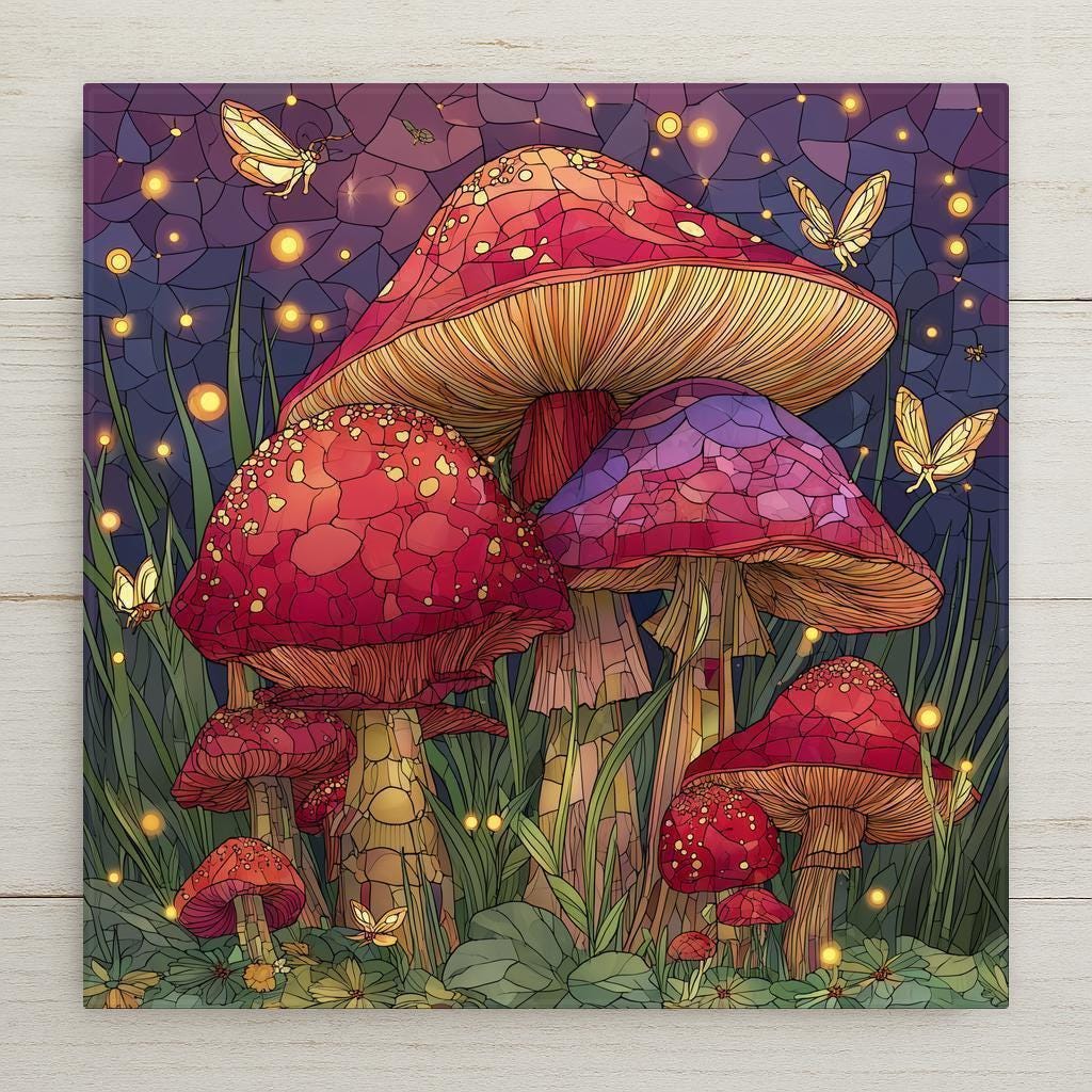 Stained-glass–style mushroom wall art featuring glowing red toadstools, soft lights, and an enchanted woodland setting. This whimsical ceramic tile evokes magic, growth, and nature-inspired wonder, making it charming home decor or a thoughtful fairycore gift. Optional wall hanger, easel stand, cork backing, or premium frame available.