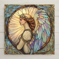 Elegant Guardian Angel ceramic tile in stained glass style. Features soft pastel wings, floral crown, and golden halo. Perfect spiritual gift for memorials, baptisms, or Christian decor. Optional tile wall hanger or stand available.