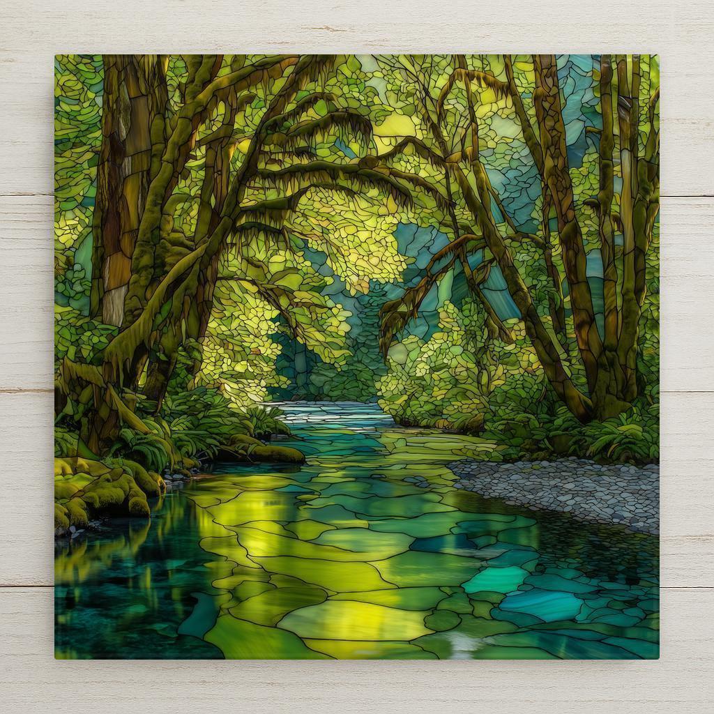 Hoh Rain Forest ceramic tile wall art featuring a mossy forest creek and lush green trees in Olympic National Park. Stained glass style nature artwork printed on smooth ceramic tile. Optional wall hanger, easel stand, cork backing, or premium frame available.