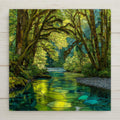 Hoh Rain Forest ceramic tile wall art featuring a mossy forest creek and lush green trees in Olympic National Park. Stained glass style nature artwork printed on smooth ceramic tile. Optional wall hanger, easel stand, cork backing, or premium frame available.