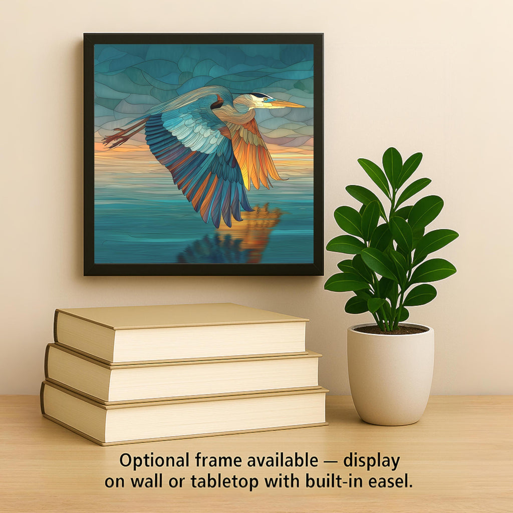 Blue Heron Stained Glass Style Ceramic Art Tile – Coastal Bird Wall Decor, Birdwatcher Lake House Gift