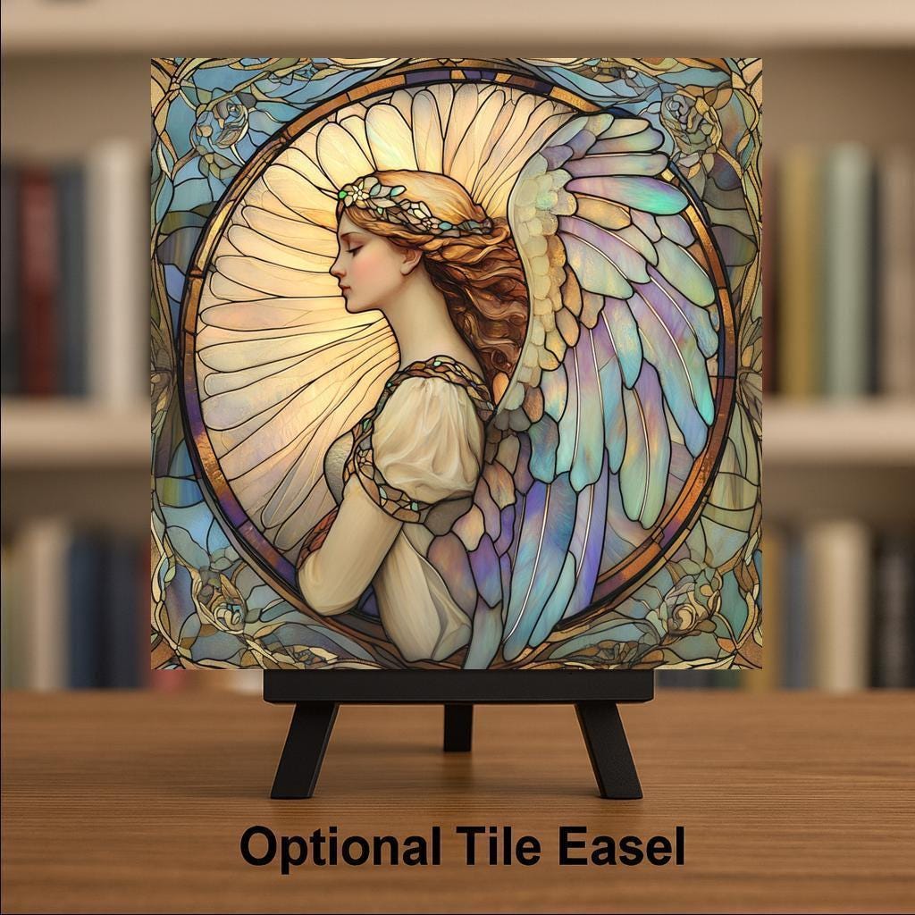 Guardian Angel Wall Art Ceramic Tile Stained Glass Style Memorial Sympathy Religious Spiritual Gift Decor