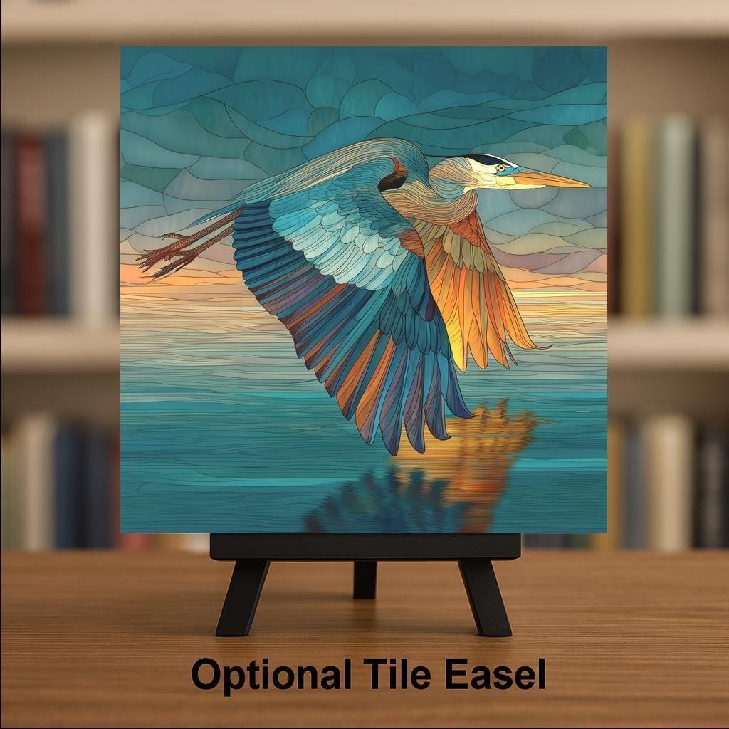 Blue Heron Stained Glass Style Ceramic Art Tile – Coastal Bird Wall Decor, Birdwatcher Lake House Gift