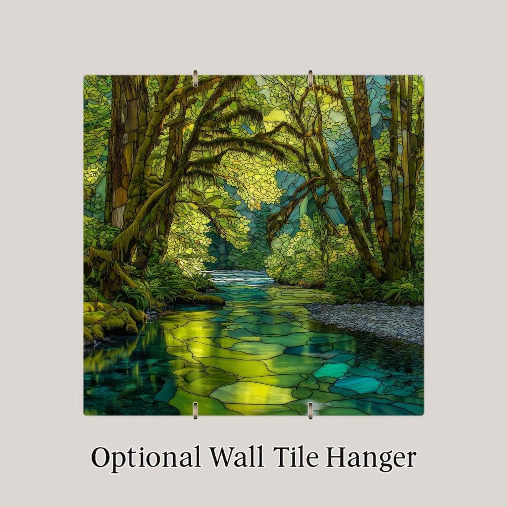 Hoh Rain Forest Ceramic Tile Wall Art – Mossy Forest Creek Stained Glass Style, Olympic National Park Nature Home Decor