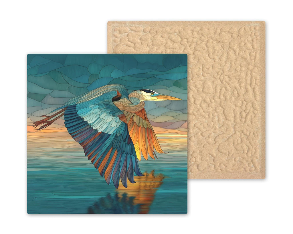 Blue Heron Stained Glass Style Ceramic Art Tile – Coastal Bird Wall Decor, Birdwatcher Lake House Gift