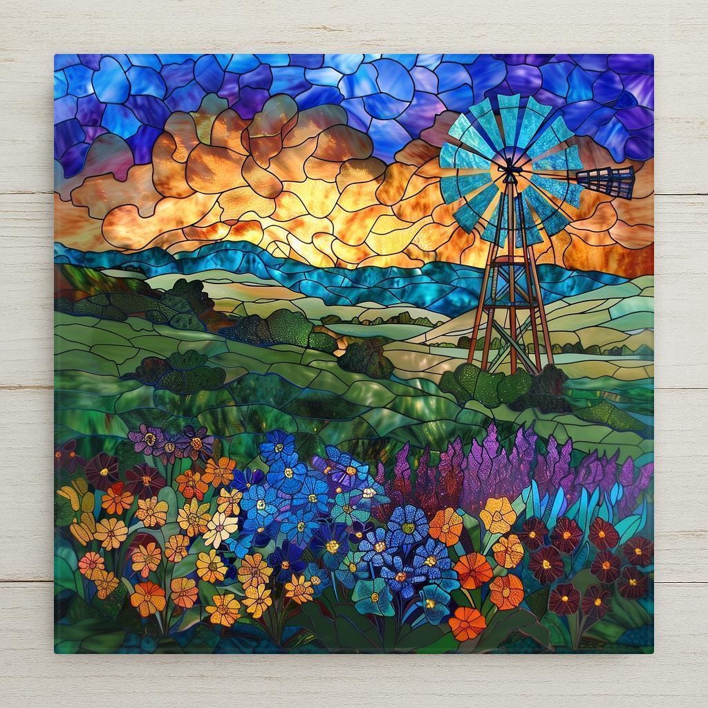 Bring Texas charm into your home with this Hill Country Windmill Ceramic Tile Art, featuring glowing wildflowers and a stained glass-style sunset. Perfect for farmhouse or rustic décor. Optional premium frame, wall hanger, or cork backing available.