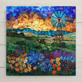 Bring Texas charm into your home with this Hill Country Windmill Ceramic Tile Art, featuring glowing wildflowers and a stained glass-style sunset. Perfect for farmhouse or rustic décor. Optional premium frame, wall hanger, or cork backing available.