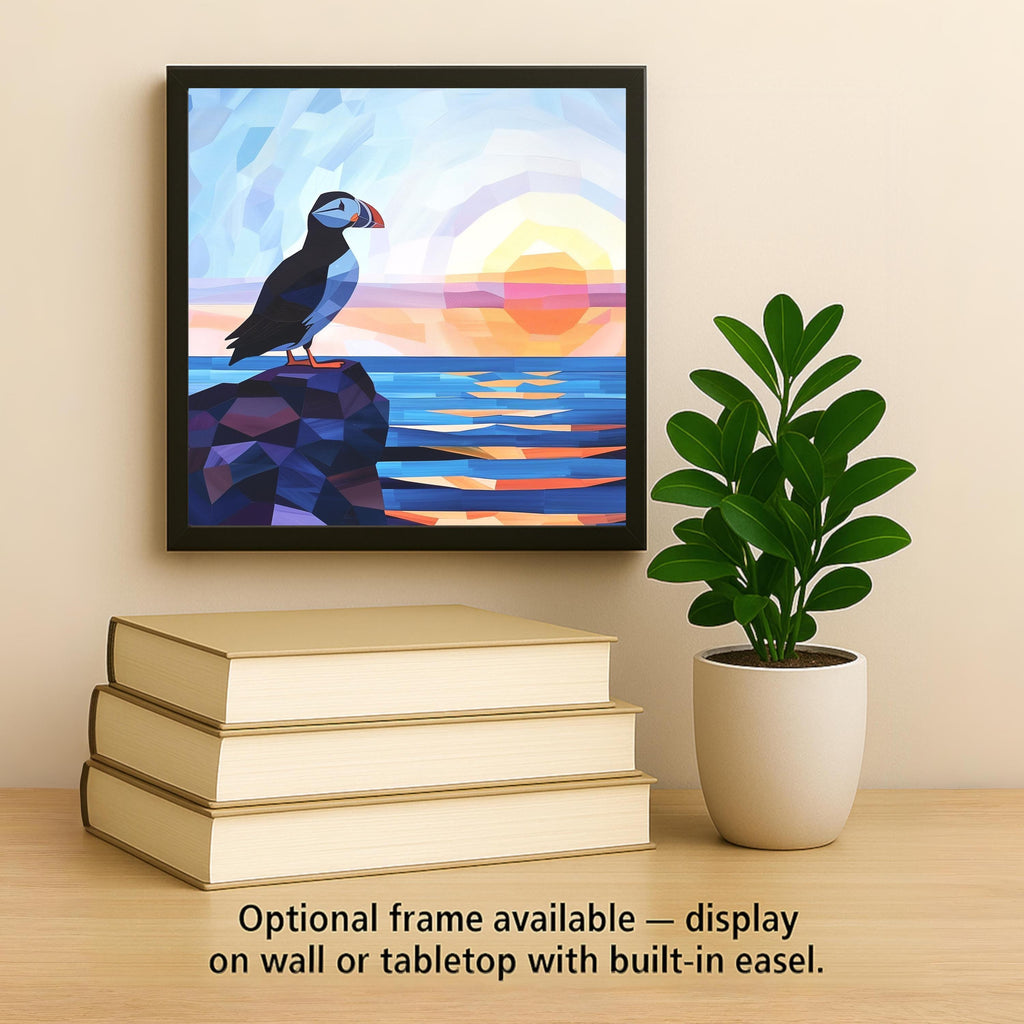 Puffin Geometric Ceramic Art Tile – Coastal Ocean Sunset Wall Decor, Modern Scandinavian Nautical Accent