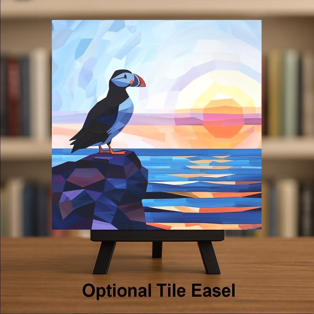 Puffin Geometric Ceramic Art Tile – Coastal Ocean Sunset Wall Decor, Modern Scandinavian Nautical Accent
