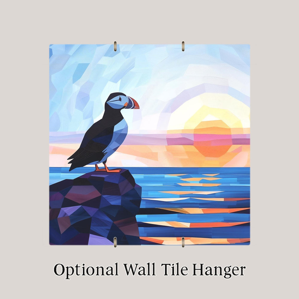 Puffin Geometric Ceramic Art Tile – Coastal Ocean Sunset Wall Decor, Modern Scandinavian Nautical Accent