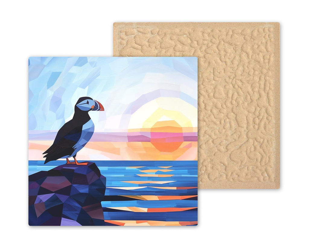 Puffin Geometric Ceramic Art Tile – Coastal Ocean Sunset Wall Decor, Modern Scandinavian Nautical Accent