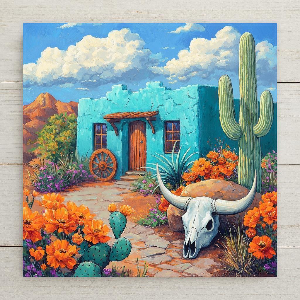 Turquoise adobe house ceramic tile featuring cactus, flowers, and Southwest decor elements. Vibrant Arizona-style tile for rustic wall art lovers. Ideal for New Mexico decor, Mexican home accents, or desert-themed gifts. Durable and colorful with a glossy finish for indoor display or tiled spaces. A great addition to rustic kitchens, entryways, or Santa Fe-style homes. Perfect gift for desert dwellers and lovers of vibrant Western landscapes.