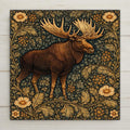 Large moose standing among ornate forest foliage in William Morris style woodland wildlife ceramic tile artwork.