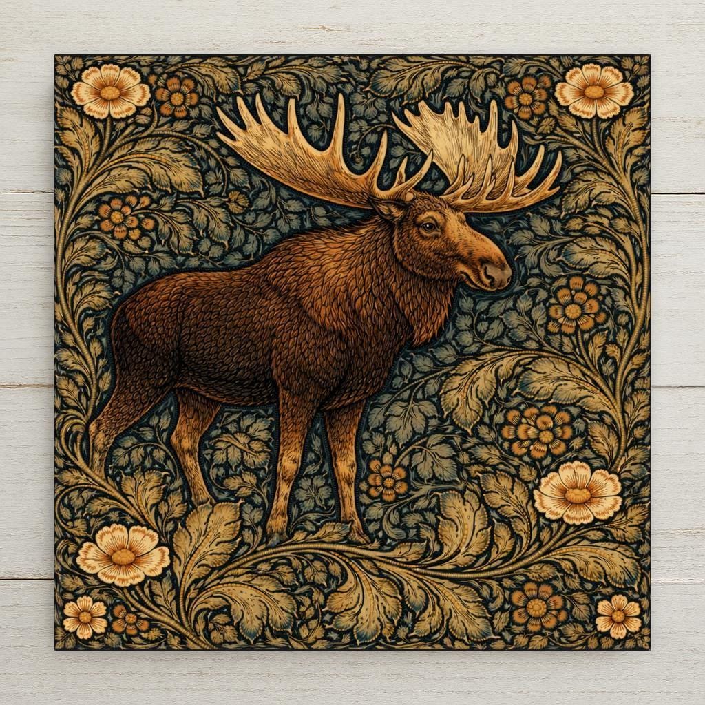 Large moose standing among ornate forest foliage in William Morris style woodland wildlife ceramic tile artwork.