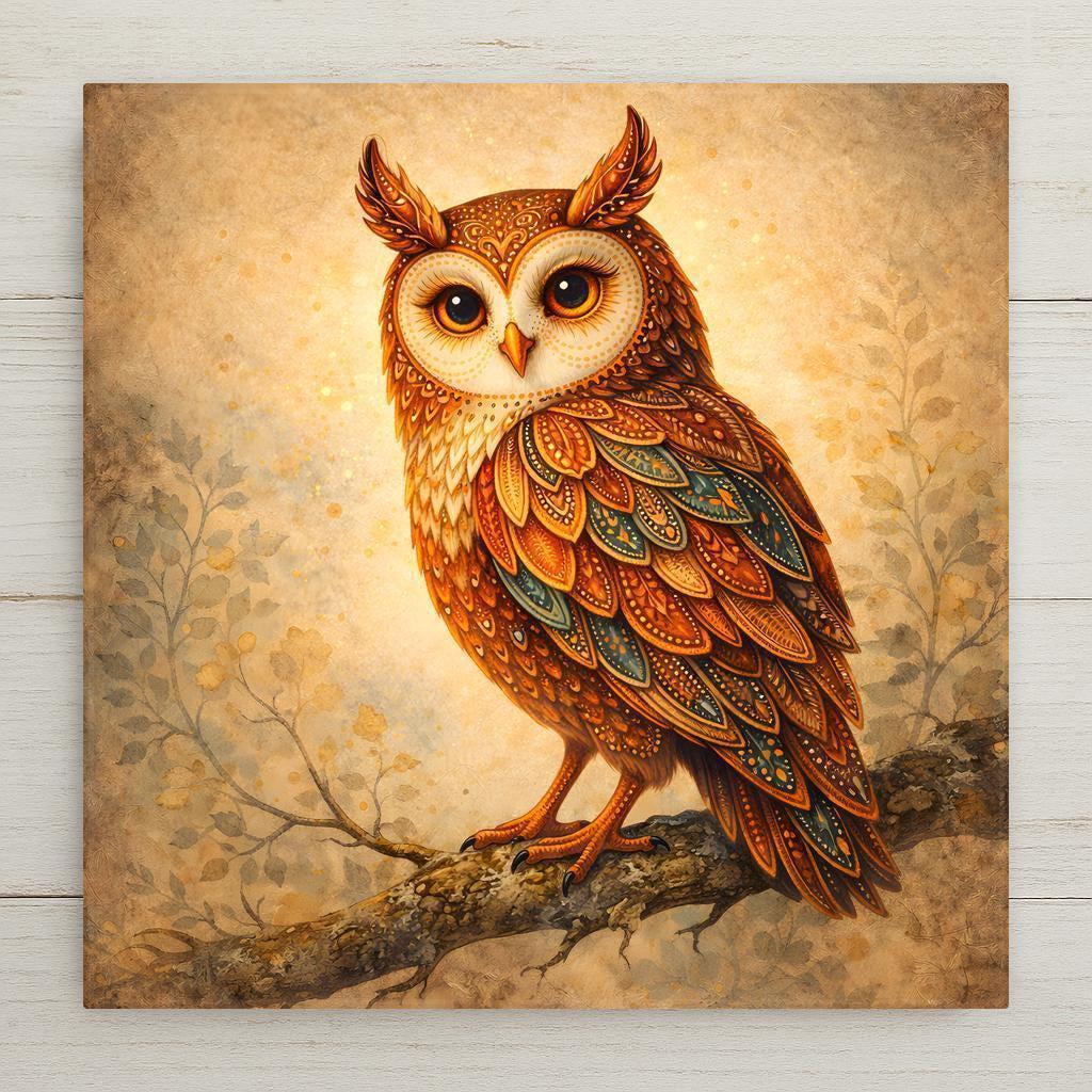 Owl wall art ceramic tile featuring a detailed woodland owl perched on a branch. Warm amber and copper feathers with teal accents create rustic cabin decor and nature-inspired home decor with a stained glass–inspired glow.
