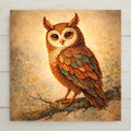 Owl wall art ceramic tile featuring a detailed woodland owl perched on a branch. Warm amber and copper feathers with teal accents create rustic cabin decor and nature-inspired home decor with a stained glass–inspired glow.