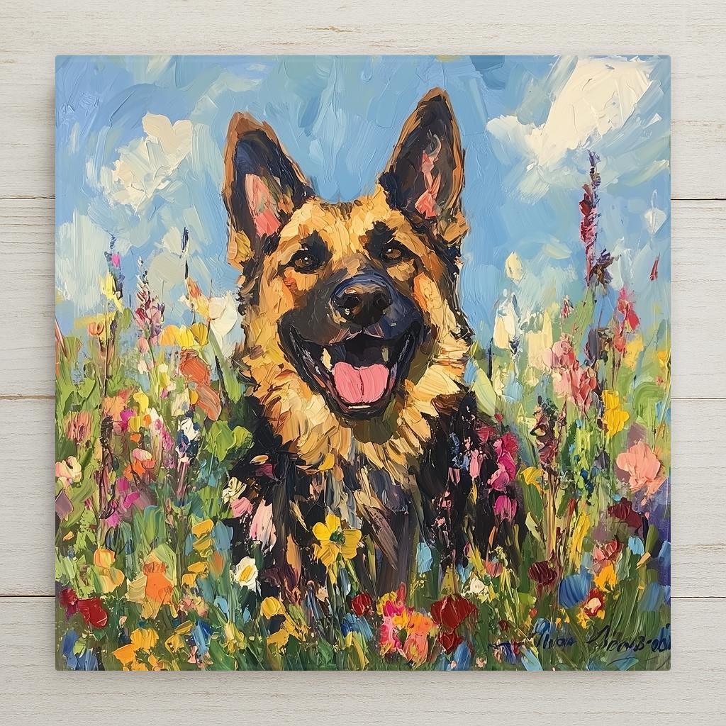 Vibrant German Shepherd ceramic tile art in textured impasto style. Smiling dog with wildflowers, perfect handmade pet lover wall decor.