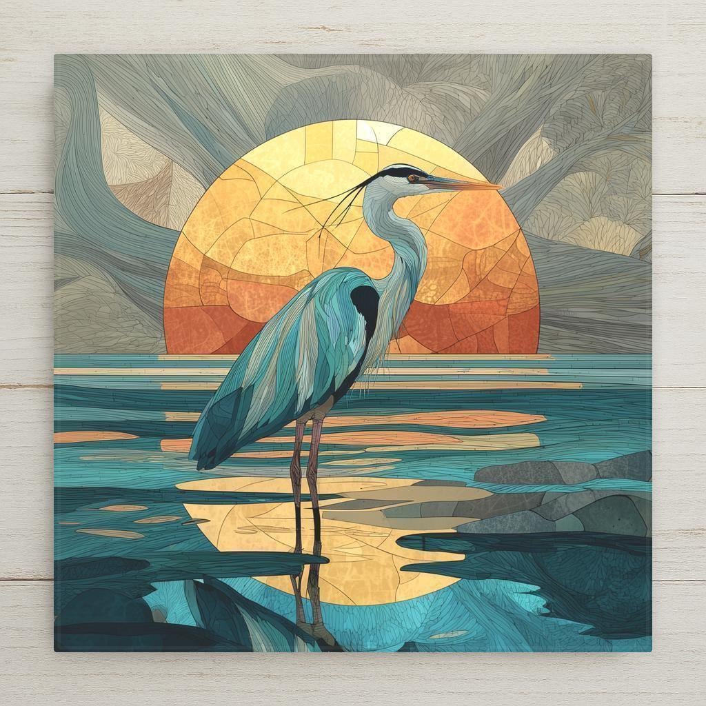 Blue Heron at Sunset ceramic tile wall art with soft teal and amber tones. Perfect for coastal wall decor or beach home decor. Optional frame, wall hanger, easel, or cork backing available.