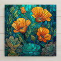 Stained glass style ceramic art tile of orange California poppies with succulents on a teal and emerald glass background — an August birth flower and wildflower floral wall decor.