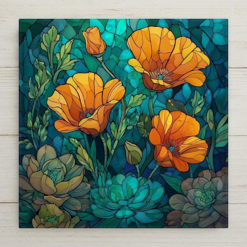 Stained glass style ceramic art tile of orange California poppies with succulents on a teal and emerald glass background — an August birth flower and wildflower floral wall decor.