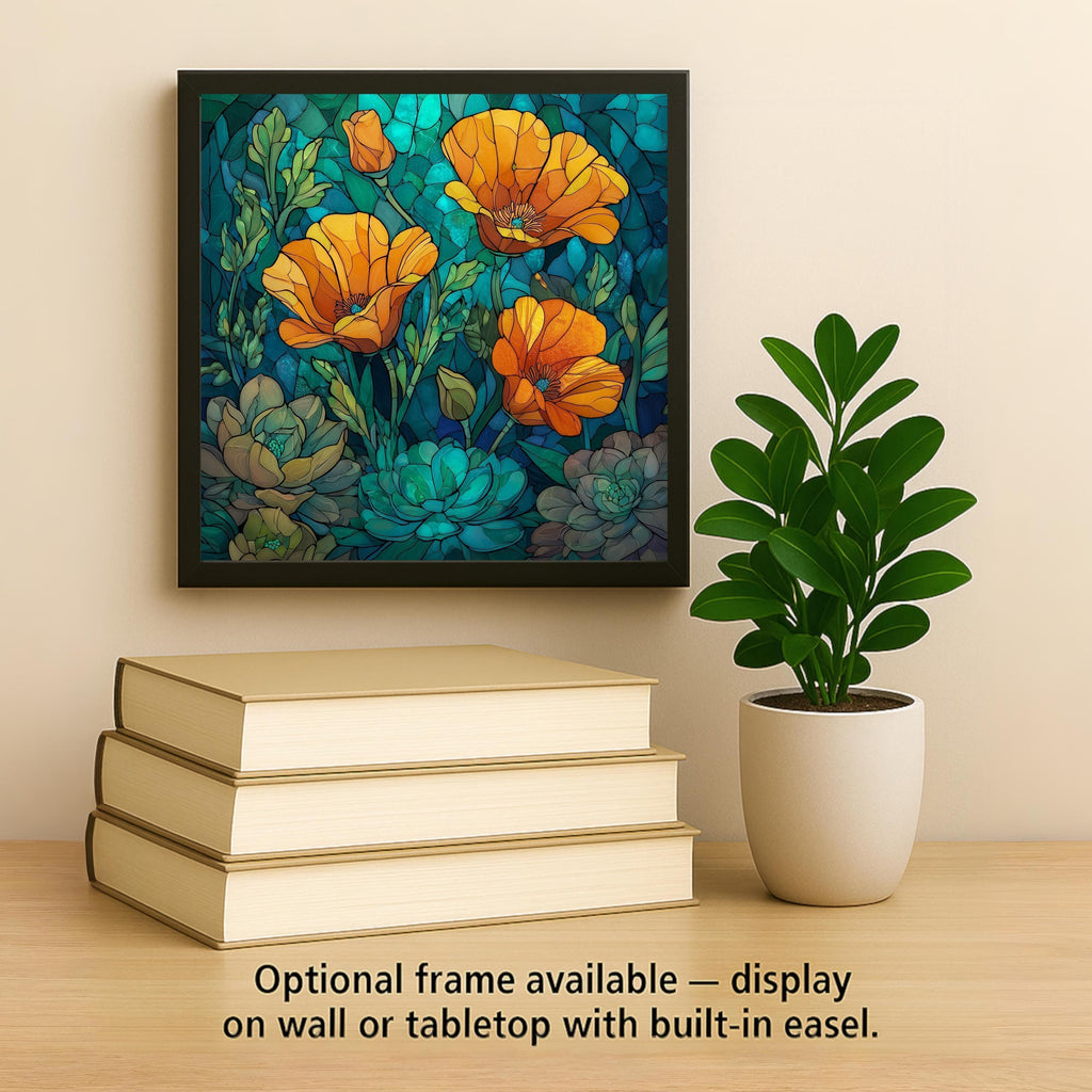 California Poppy Stained Glass Style Ceramic Art Tile – August Birth Flower Wall Decor, Orange Wildflower Floral Accent