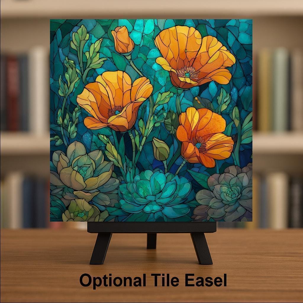 California Poppy Stained Glass Style Ceramic Art Tile – August Birth Flower Wall Decor, Orange Wildflower Floral Accent