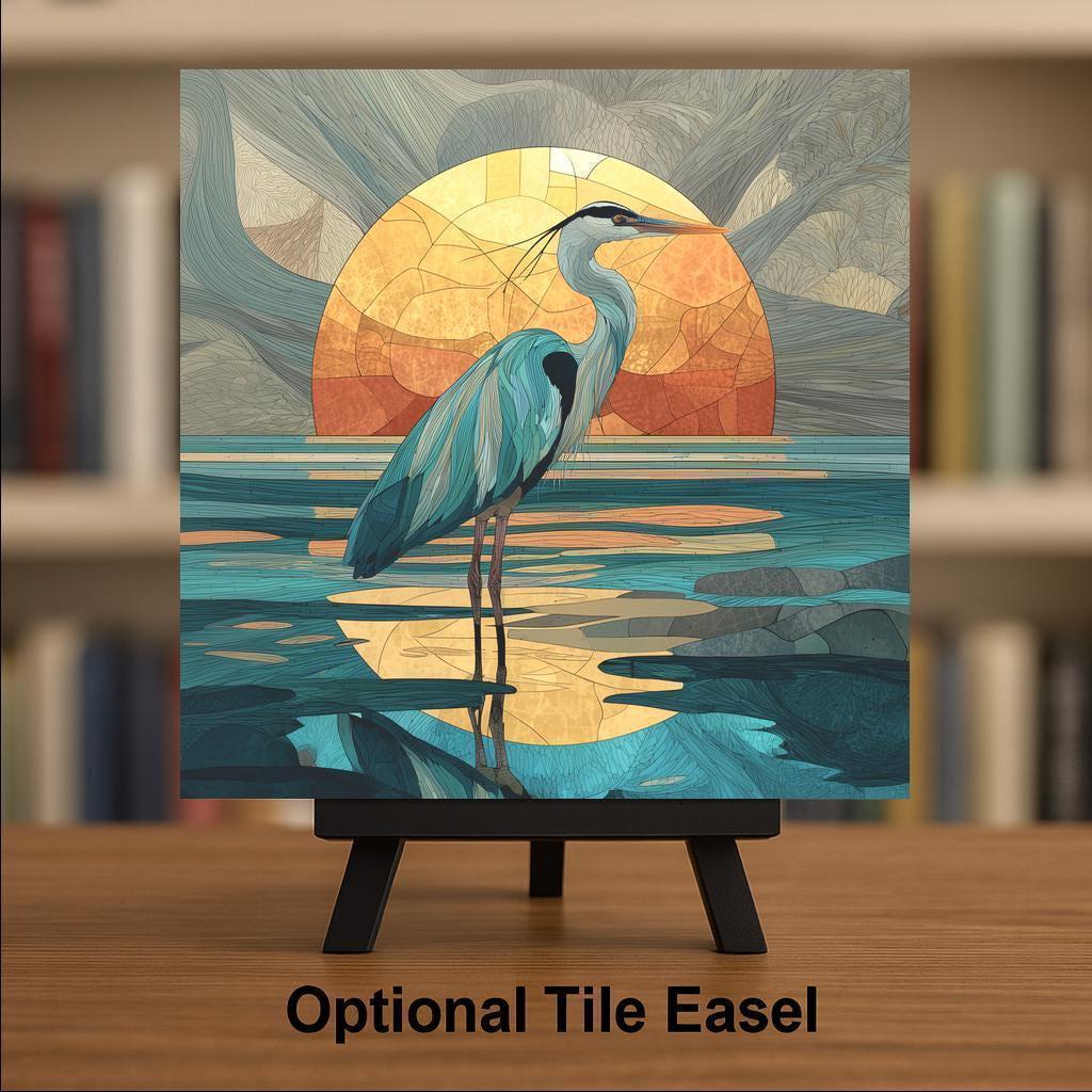 Coastal Heron Wall Art Ceramic Tile Beach Sunset Gift Nautical Decor Ocean Bird Art Nature Lover Gift Tile