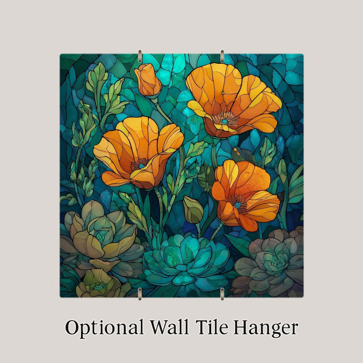 California Poppy Stained Glass Style Ceramic Art Tile – August Birth Flower Wall Decor, Orange Wildflower Floral Accent