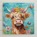 This charming Highland Cow Ceramic Tile features a shaggy cow with a flower crown and butterflies on a turquoise background. A cheerful and rustic wall art piece for farmhouse kitchens, nurseries, or unique gifting.