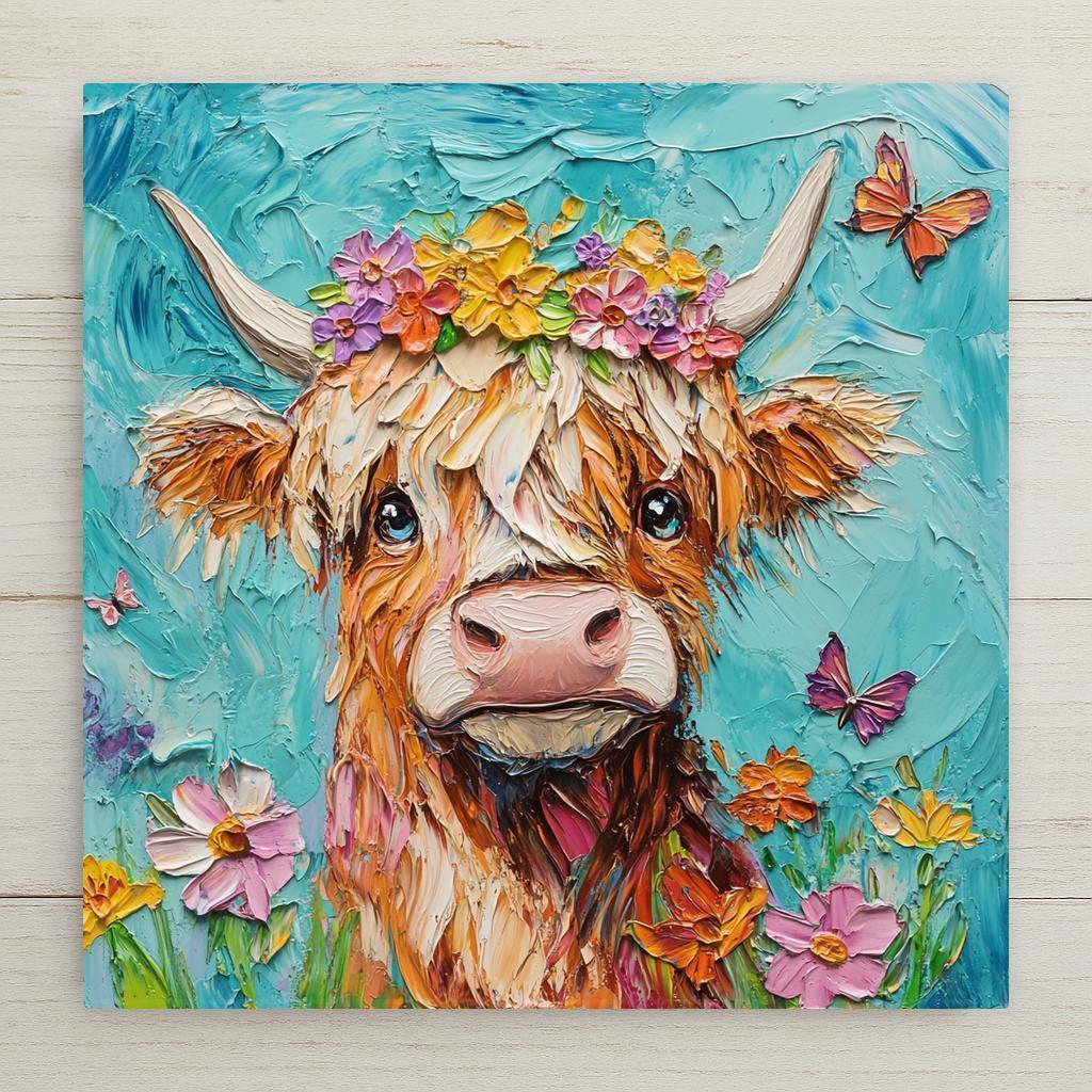 This charming Highland Cow Ceramic Tile features a shaggy cow with a flower crown and butterflies on a turquoise background. A cheerful and rustic wall art piece for farmhouse kitchens, nurseries, or unique gifting.