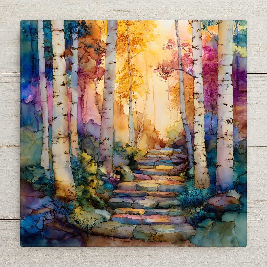Colorful birch forest wall art ceramic tile featuring tall white aspen trees and a winding stone pathway. Warm golden light blends with teal, violet, and rose tones in a stained glass style landscape. Vibrant nature wall decor for modern home decor and artistic spaces.
