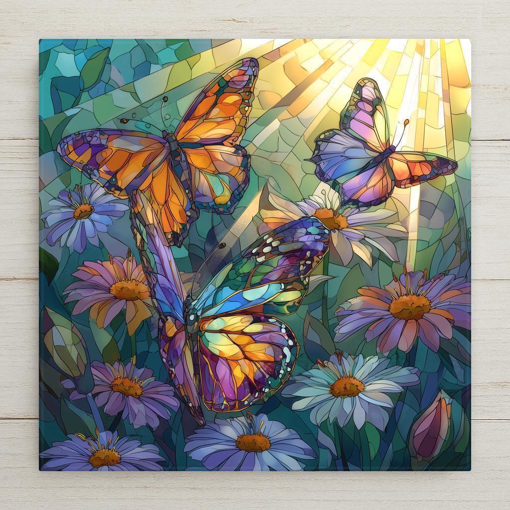 Stained-glass–style butterfly wall art featuring colorful wings, blooming flowers, and radiant sunlight. This luminous ceramic tile symbolizes transformation, hope, and renewal, making it meaningful home decor or a thoughtful encouragement gift. Optional display upgrades available, including wall hanger, easel stand, cork backing, or premium frame.