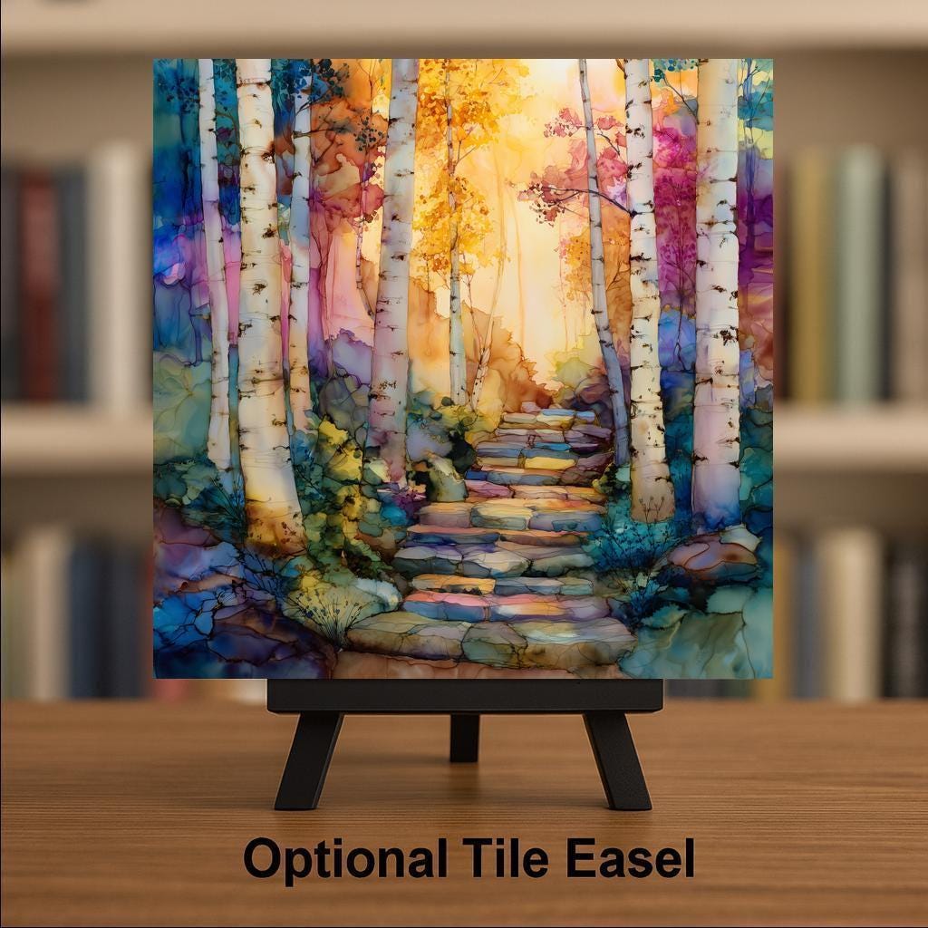 Birch Forest Ceramic Art Tile – Stained Glass Style Aspen Landscape Wall Decor, Colorful Nature Home Gift