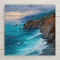 Ceramic tile wall art inspired by Big Sur, California. This stained glass–style coastal scene features dramatic cliffs along the Pacific Coast Highway with turquoise ocean waves below. A permanent print on tile, not real stone or glass. Ideal for coastal wall decor, California home decor, and scenic nature interiors. Optional tile wall hanger, easel tile stand, cork backing, or premium frame available.