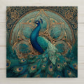 Peacock ceramic tile wall art featuring turquoise feathers and ornate gold accents. Printed on ceramic with optional hanger, stand, or cork backing. Great for home decor or wall decor.