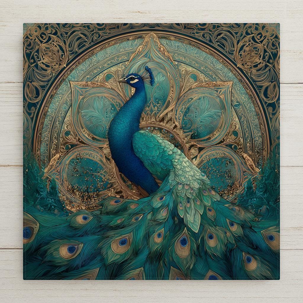 Peacock ceramic tile wall art featuring turquoise feathers and ornate gold accents. Printed on ceramic with optional hanger, stand, or cork backing. Great for home decor or wall decor.
