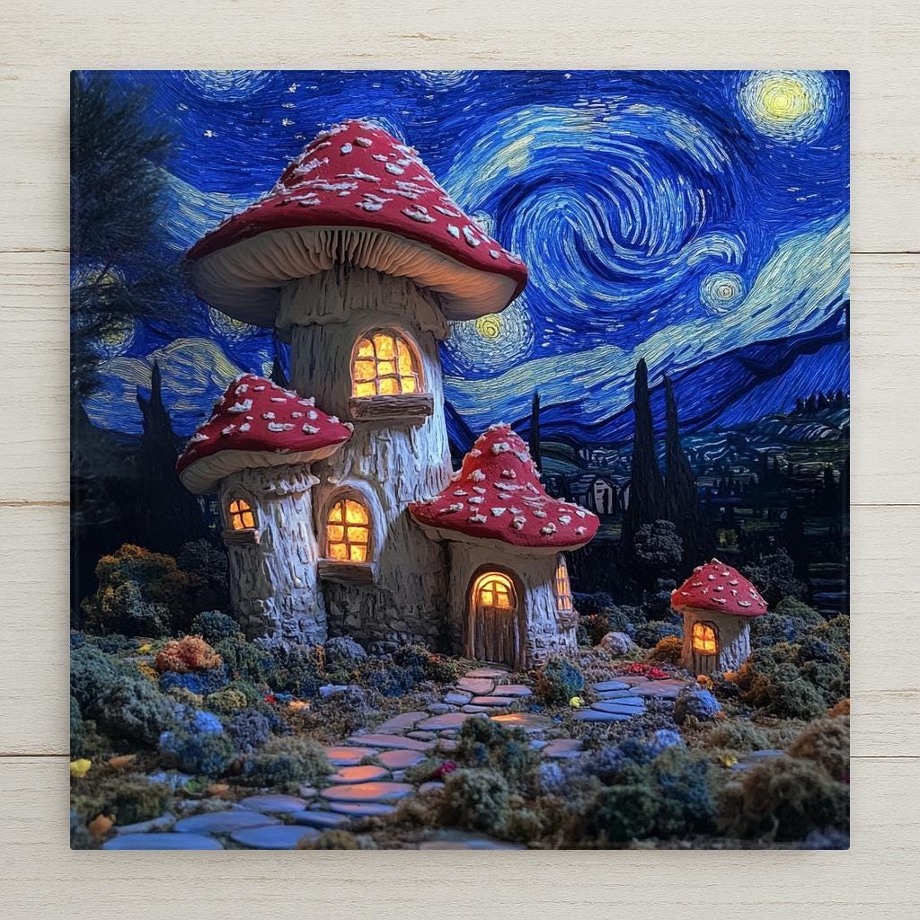 This mushroom cottage village tile set under Van Gogh’s Starry Night is more than wall art — it's a full-blown story in ceramic form. Whether you're a collector of surreal fantasy scenes or love the quiet poetry of cottagecore design, this tile bridges the gap between grounded comfort and cosmic beauty. Each mushroom house glows from within, casting amber reflections along mossy paths and pebble walkways.