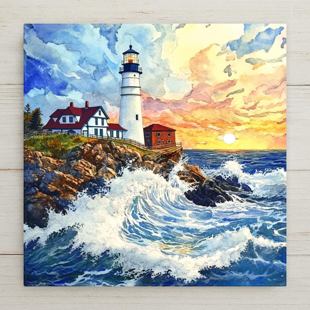 Ceramic tile featuring Portland Head Lighthouse in a vibrant watercolor coastal scene. Use as wall art, trivet, or nautical coaster. Options include cork backing, tile wall hanger, or stand.