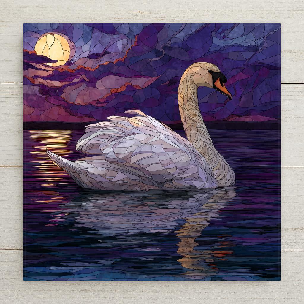 A peaceful moonlit swan glides across glowing water in this stained-glass-style ceramic tile. Vivid colors, crisp detail, and a glossy finish make it perfect for wall decor and home decor. Optional tile wall hanger, easel tile stand, cork backing, or premium frame available. This is a printed ceramic tile, not stained glass or mosaic.