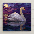 A peaceful moonlit swan glides across glowing water in this stained-glass-style ceramic tile. Vivid colors, crisp detail, and a glossy finish make it perfect for wall decor and home decor. Optional tile wall hanger, easel tile stand, cork backing, or premium frame available. This is a printed ceramic tile, not stained glass or mosaic.