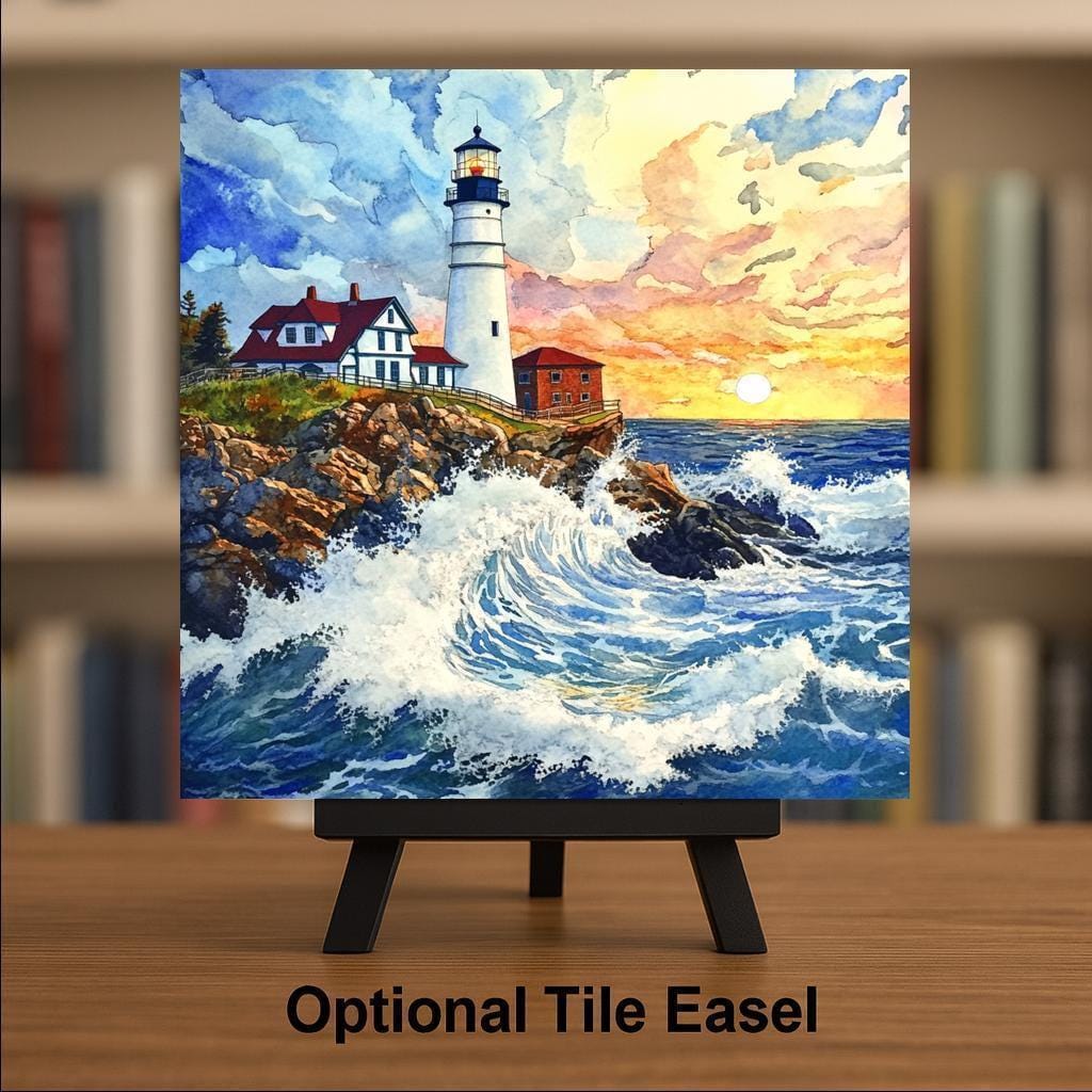 Portland Head Lighthouse Wall Art Ceramic Tile Maine Gift Coastal Decor Lighthouse Lover Art Watercolor Tile