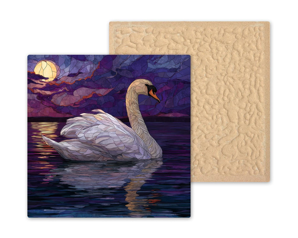 Moonlit Swan Wall Art Ceramic Tile Stained Glass Style Lake Scene Elegant Nature Home Decor Gift Tile